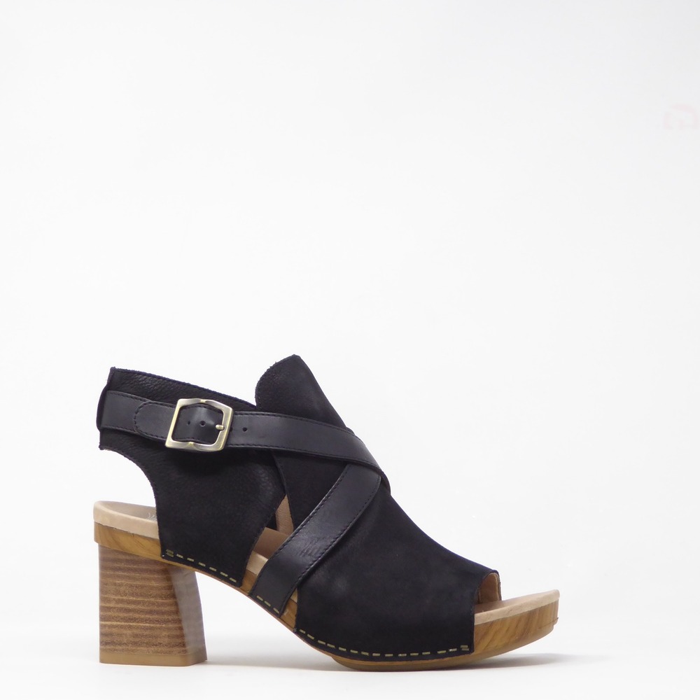 Dansko Arlene Women Sandals Black Leather Clog Heel Buckle 40